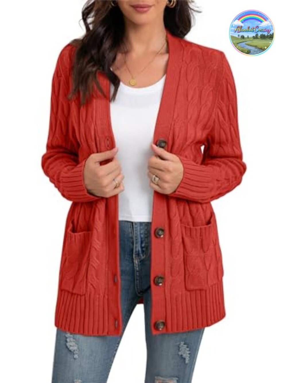 Women's Long Sleeve Cable Knit Cardigan Sweater with Pockets Buttons